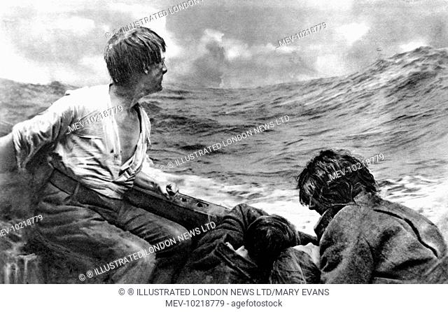 Photograph showing the survivors of a passenger ship, sunk by German submarine action, adrift at sea in a small lifeboat during the First World War