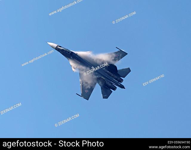 Moscow Russia Zhukovsky Airfield 31 August 2019: aerobatic Su-30 perfoming demonstration flight of the international aerospace salon MAKS-2019