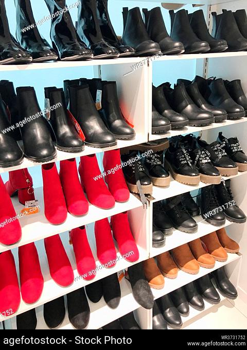 Burgas, Bulgaria - March 19, 2018: Women's shoes for sale at Mall Galleria Burgas. Mall Galleria Burgas is the first modern shopping centre in the city