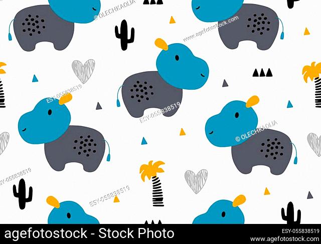 Hippopotamus baby seamless pattern, animal vector background. Cartoon hand drawn digital paper