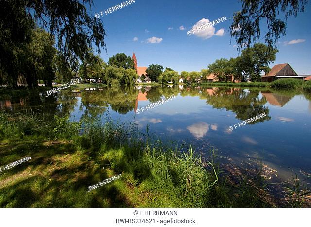view over a lake at the small town close to Angermuende, Germany, Brandenburg, Vogtlaendische Schweiz, Greiffenberg