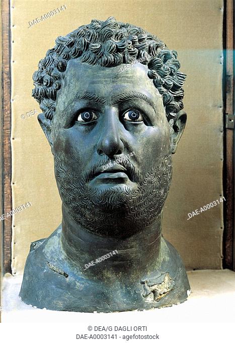 Roman civilization, 2nd century A.D. Bronze head of Emperor Hadrian (76-138 A.D.).  Alexandria, Greek-Roman Museum