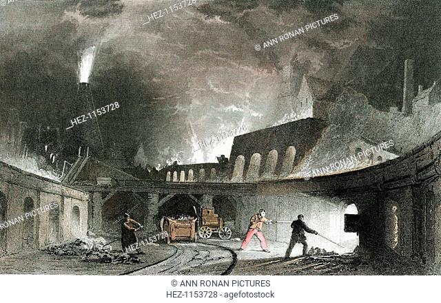 Bank of furnaces, Lymington Iron Works, Tyneside, England, 1835. By this time the Nielsen hot blast process, invented in 1824, was in general use