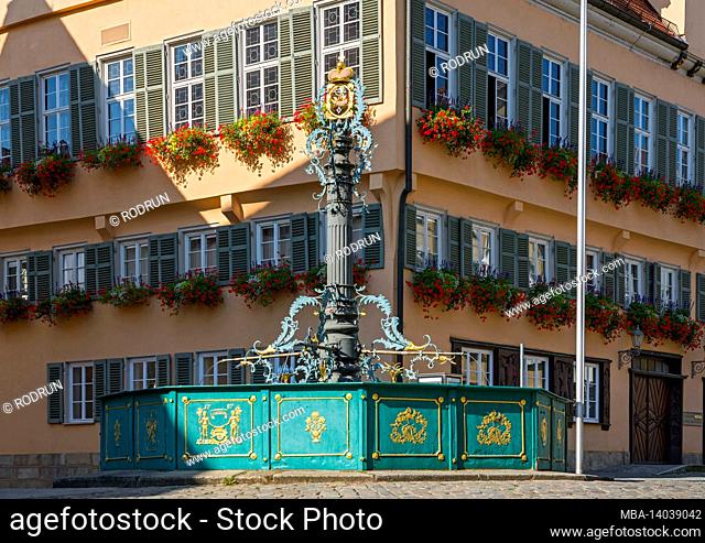 market fountain with a cast iron fountain in front of the town hall in nürtingen
