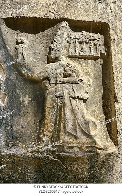 Sculpture of god Sharruma and King Tudhaliya from the 13th century BC Hittite religious rock carvings of Yazilikaya Hittite rock sanctuary, chamber B, Hattusa