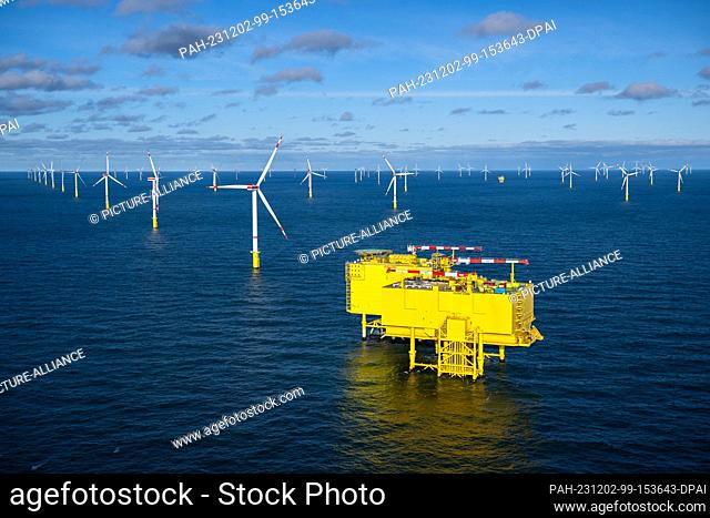 PRODUCTION - 16 November 2023, North Sea, --: The transformer platform of the Dolwin Alpha offshore wind farm. (To dpa ÒWind power at sea - From pioneering work...