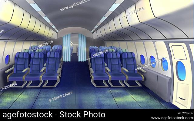 Interior of the Passenger cabin of an airliner. Digital Painting Background, Illustration