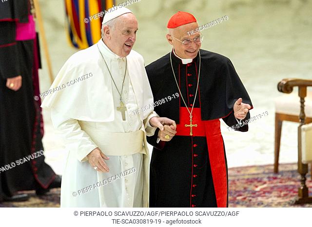 Pope Francis with Cardinal Angelo Bagnasco during the audience to the boy scouts participants at the Euromoot 2019, Paul VI Room, Vatican City