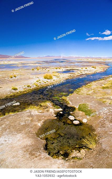 Bolivia, Southern Altiplano, Termas de Polques  Stream coloured by minerals near the Termas de Polques otherwise known as the Hot Pools