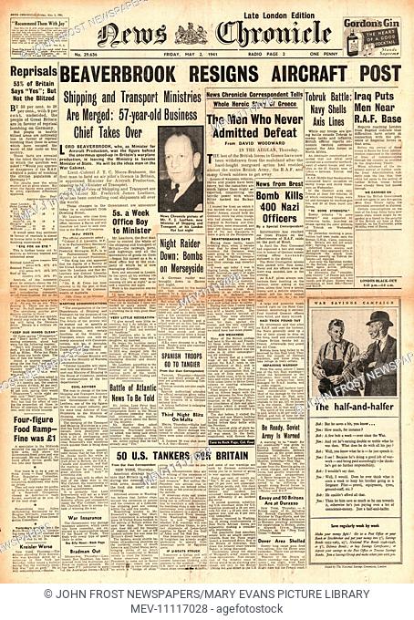 1941 front page Daily Herald Lord Beaverbrook appointed Minister of State