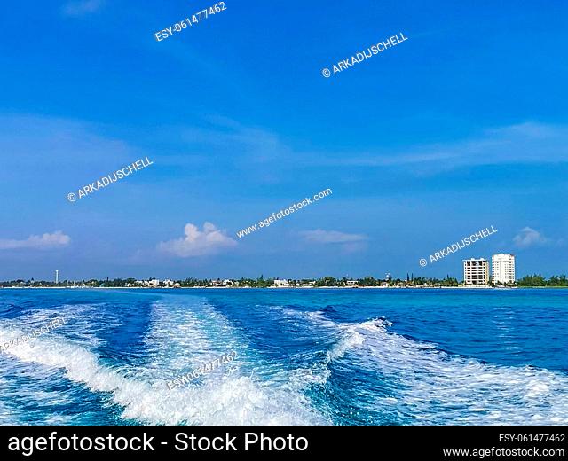 Boat trip from Cancun to Island Mujeres Isla Contoy and Whale shark tour with natural tropical beach seascape panorama blue turquoise green clear water and view...