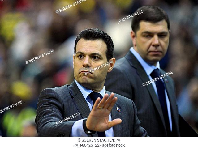 Headcoach Dimitris Itoudis (L) of CSKA Moscow gestures during the Euroleague Final Four final basketball match between Fenerbahce Istanbul and CSKA Moscow at...