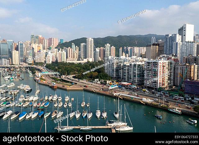 Causeway Bay, Hong Kong 03 November 2022: Top view of typhoon shelter for yacht club