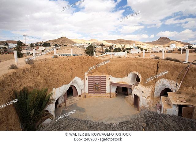 Tunisia, Ksour Area, Matmata, elevated view of underground Hotel Sidi Driss, once a set for the film Star Wars