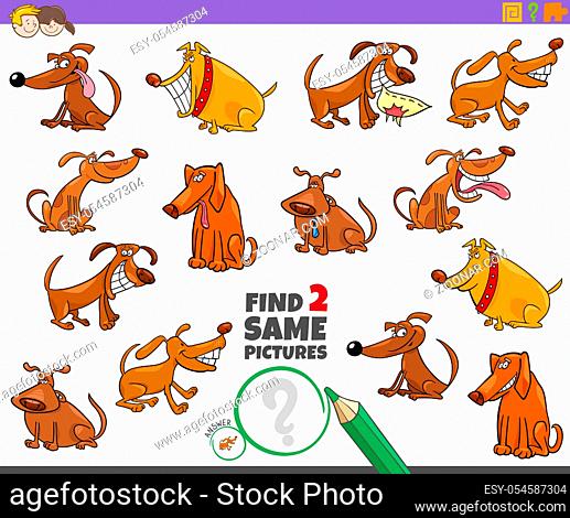 Cartoon Illustration of Finding Two Same Pictures Educational Activity Game for Children with Funny Dogs Pet Animal Characters