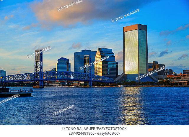 Jacksonville skyline evening with blue river reflection in florida USA
