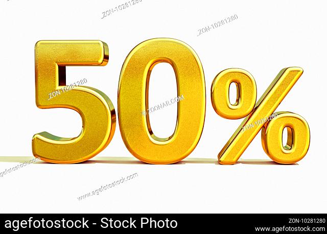3d render: Gold 50 Percent Off Discount Sign, Sale Banner Template, Special Offer 50% Off Discount Tag, Fifty Percentages Up Sticker, Gold Sale Symbol