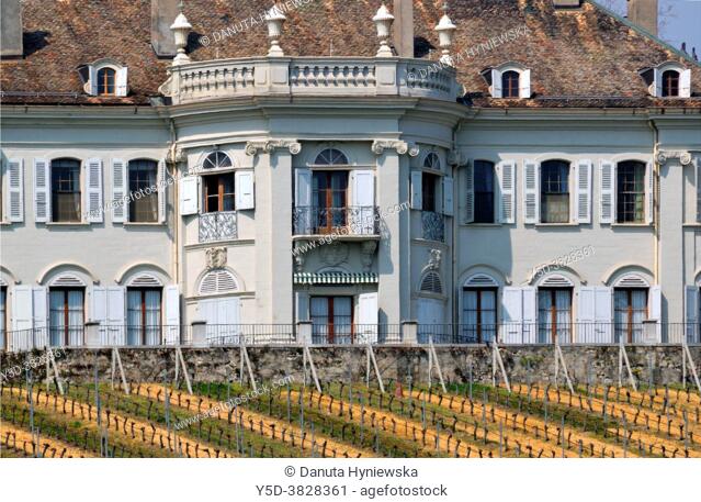 Château de Crans facing Lake Geneva and Mont Blanc is organic wine estate, Château is one of the most elegant historic buildings in La Côte Vaudoise wine region