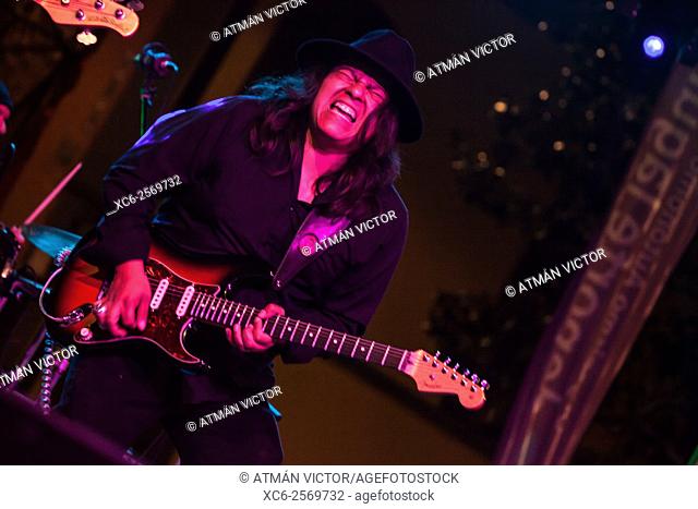 rock musician playing a Fender Stratocaster electric guitar during the LA NOCHE EN BLANCO event in San Cristobal de La Laguna