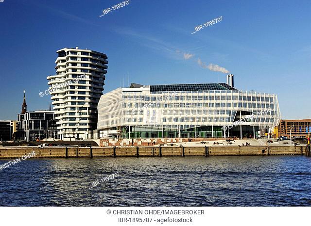 Unilever headquarter building and Marco Polo Tower, Strandkai in the Hafencity quarter of Hamburg, Germany, Europe