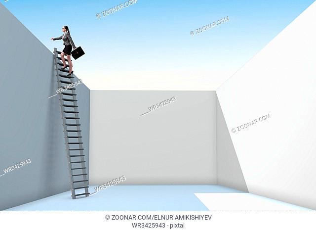 Businesswoman climbing a ladder to escape from problems