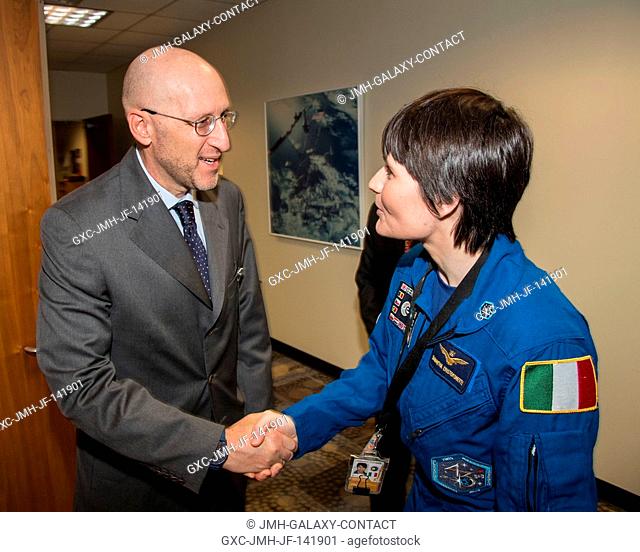 (ESA) European Space Agency astronaut Samantha Chrisoforetti (right), the Italian Deputy Ambassador Mr. Luca Franchetti Pardo (left) and Consul General to...