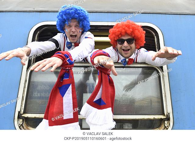 Czech ice hockey fans preparing for departure by a special train from Brno, Czech Republic, to Bratislava, Slovakia, on May 11, 2019