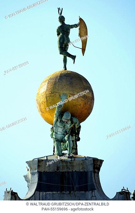 One of two golden globes, carried by Atlas with the Goddess Fortuna atop, can be seen at the Old Customs House, the Punta della Dogana, in Venice, Italy