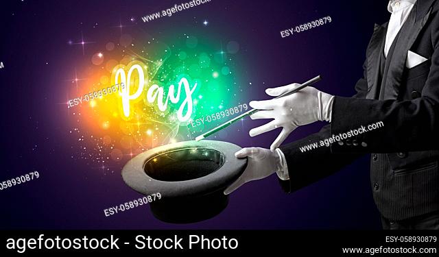Magician hand conjure with wand and Pay inscription, shopping concept