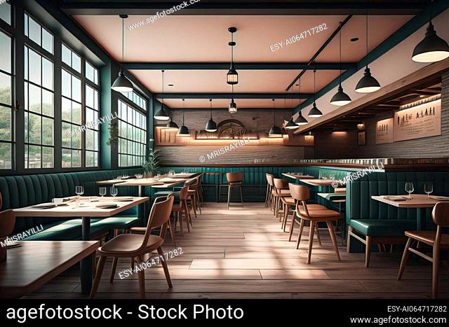 Interior of a modern cafe with blue walls and wooden floor. ai generative