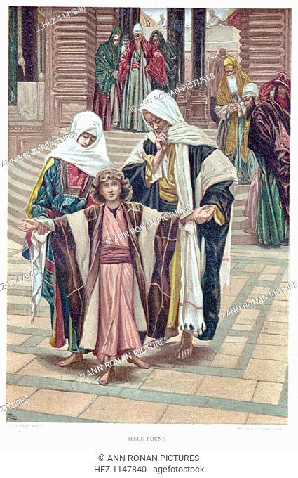 Jesus Found, c1897. Mary and Joseph finding the young Jesus in the Temple where he had been sitting with the Doctors (Bible: Luke 2)