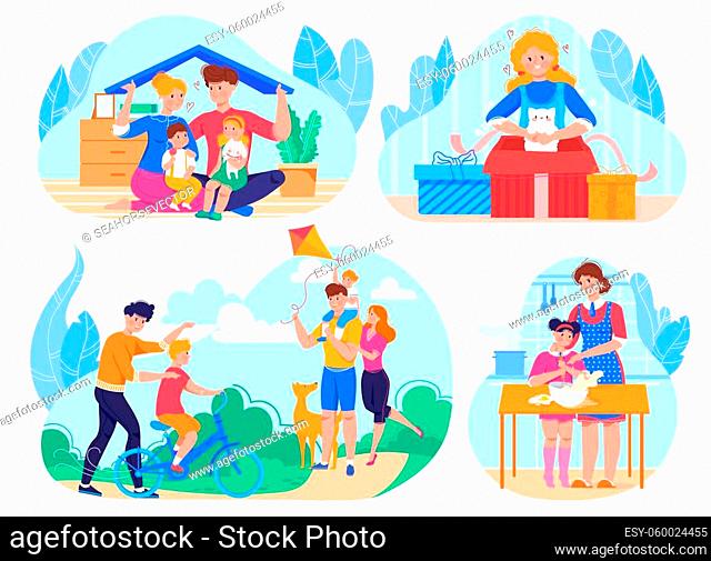 Family life daily lifestyle and activities flat isolated vector illustration set, parents with children in park, opening gift boxes, cooking together