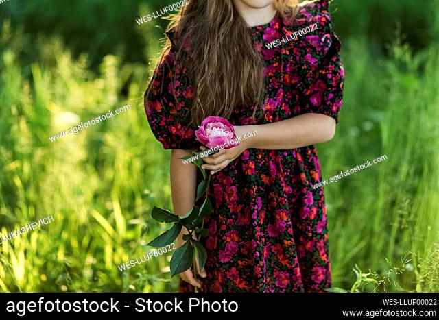 Girl holding peony flower while standing on meadow
