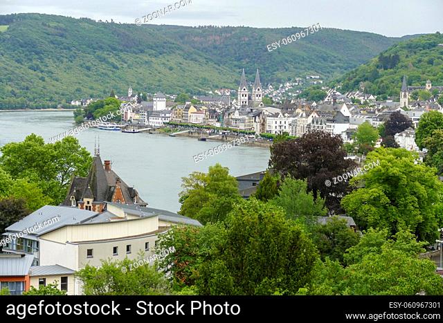 aerial view of Boppard located at the rhine river in the Rhein-Hunsrueck-District in Rhineland-Palatinate, Germany
