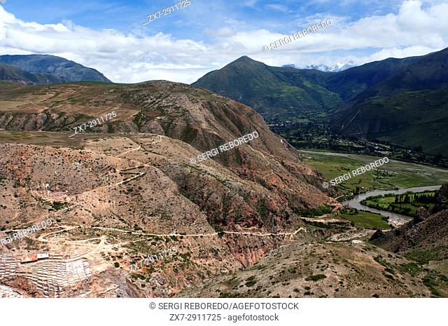 General view of the Sacred Valley near Cuzco from the salt mines of Maras. The Sacred Valley of the Incas or the Urubamba Valley is a valley in the Andes of...