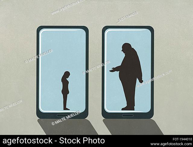 Large businessman and small woman on smart phone screens