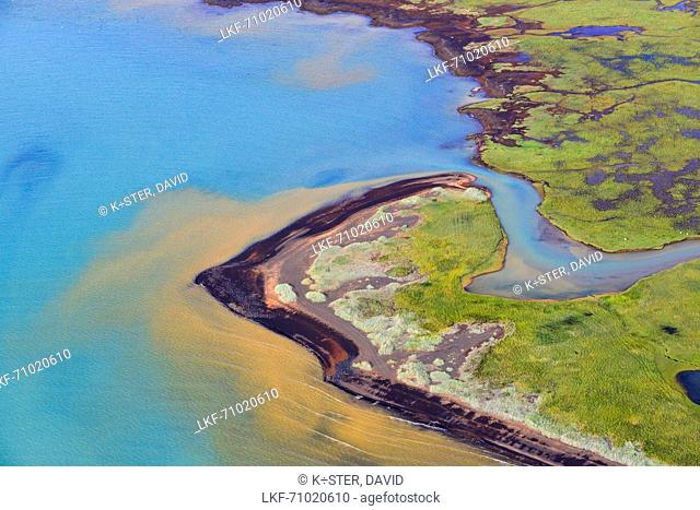 aerial view of colorful shore of river Olfussa, near Eyrarbakki, South Iceland, Iceland, Europe