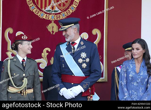 Madrid Spain; 10/12/2023.- King Felipe VI, Queen Letizia and her daughter Leonor de Borbón Princess of Asturias, preside over the military parade on the...