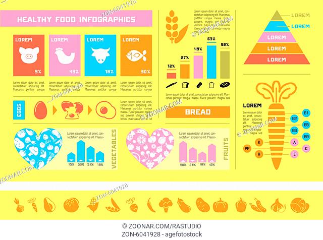 Flat Healthy Food Infographic Elements. Icon Set. Vector