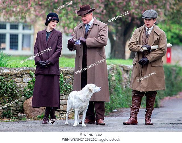 The cast of Downton Abbey film scenes on location outside a churchyard Featuring: Michelle Dockery, Allen Leech, Hugh Bonneville Where: Oxford