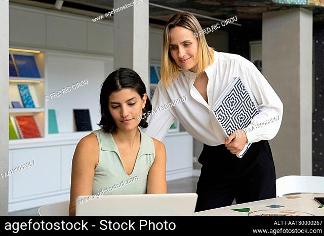 Mid-shot of female interior designer and her female Latin-American assistant looking at laptop computer screen
