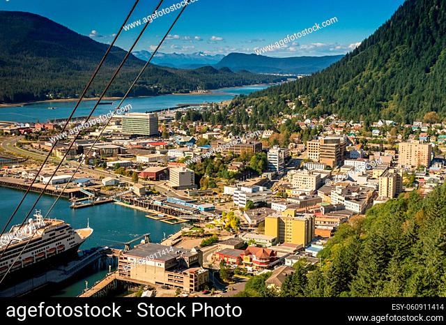 Aerial Northwest view of downtown Juneau and cruise ship port from Mount Roberts cable tram. Juneau, Alaska, USA