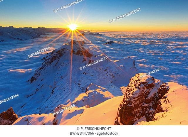view from Saentis, highest mountain in the Alpstein massif, Switzerland, Appenzell