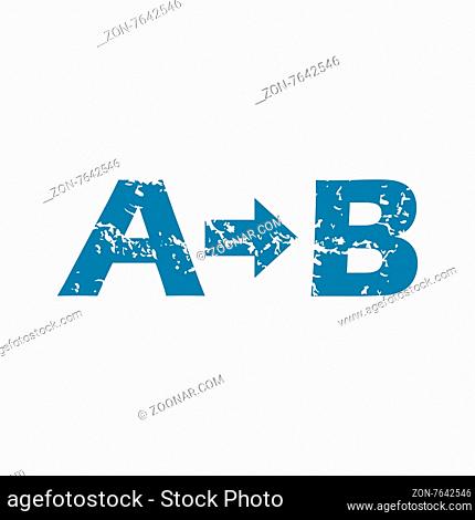 Grunge blue icon with letters A and B and arrow between, isolated on white