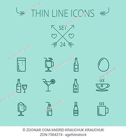 Food and drink thin line icon set for web and mobile. Set includes- coffee, soda, lime, egg, bottle, cocktail drink, glass, wine glass icons