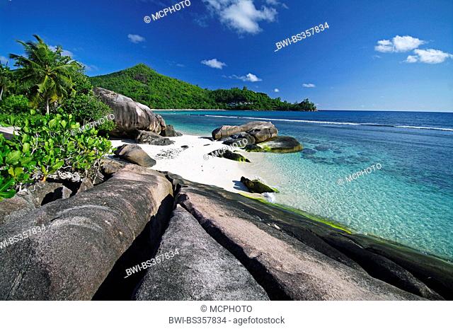 bach with granite rocks, palms and trees at Baie Lazare on Mahe island, Seychelles, Mahe