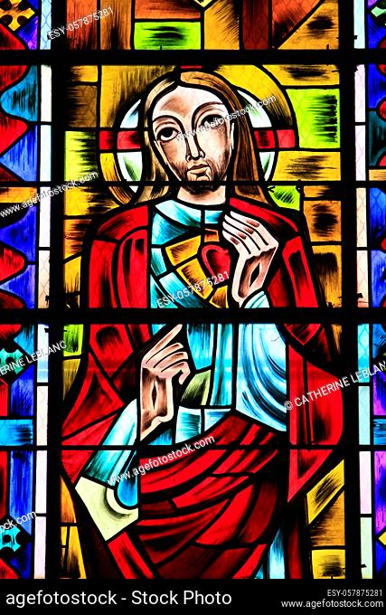 Stained glass window of Jesus Christ. Saint-Denis-Sainte-Foy Church. 1911. Coulommiers. Seine et Marne. France. Europe