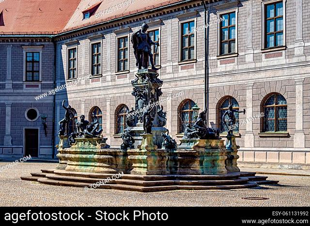 The bronze Wittelsbach Fountain in the Residenz Palace was erected in 1610. Munich, Germany. Octagonal yard called Fountain Courtyard, Brunnenhof