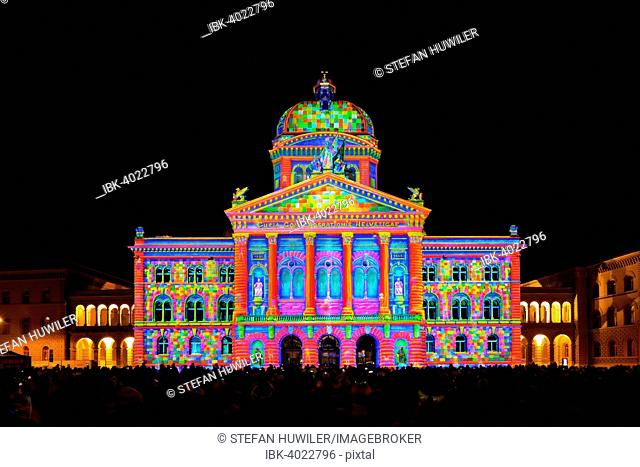 Rendez-vous Bundesplatz, light installation at the Federal Palace of Switzerland, Bundesplatz, UNESCO World Heritage Site, Canton of Bern, Switzerland