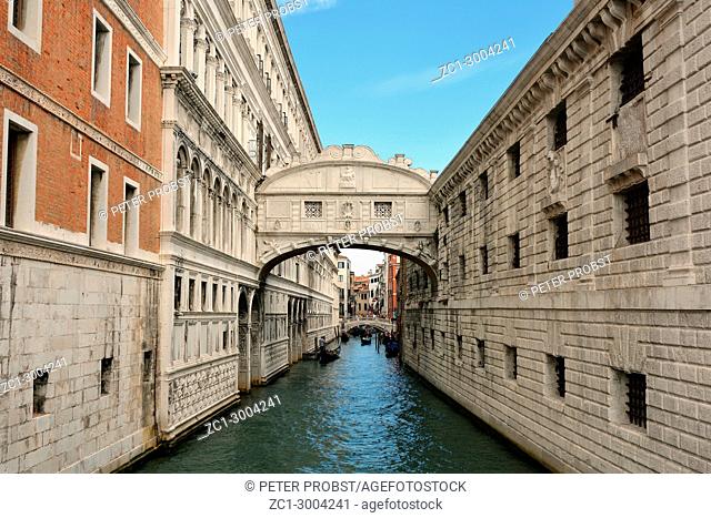 Bridge of Sighs between the Doge's Palace and the prison Prigioni Nuove of Venice in Italy - Ponte dei Sospiri. Caution: For the editorial use only